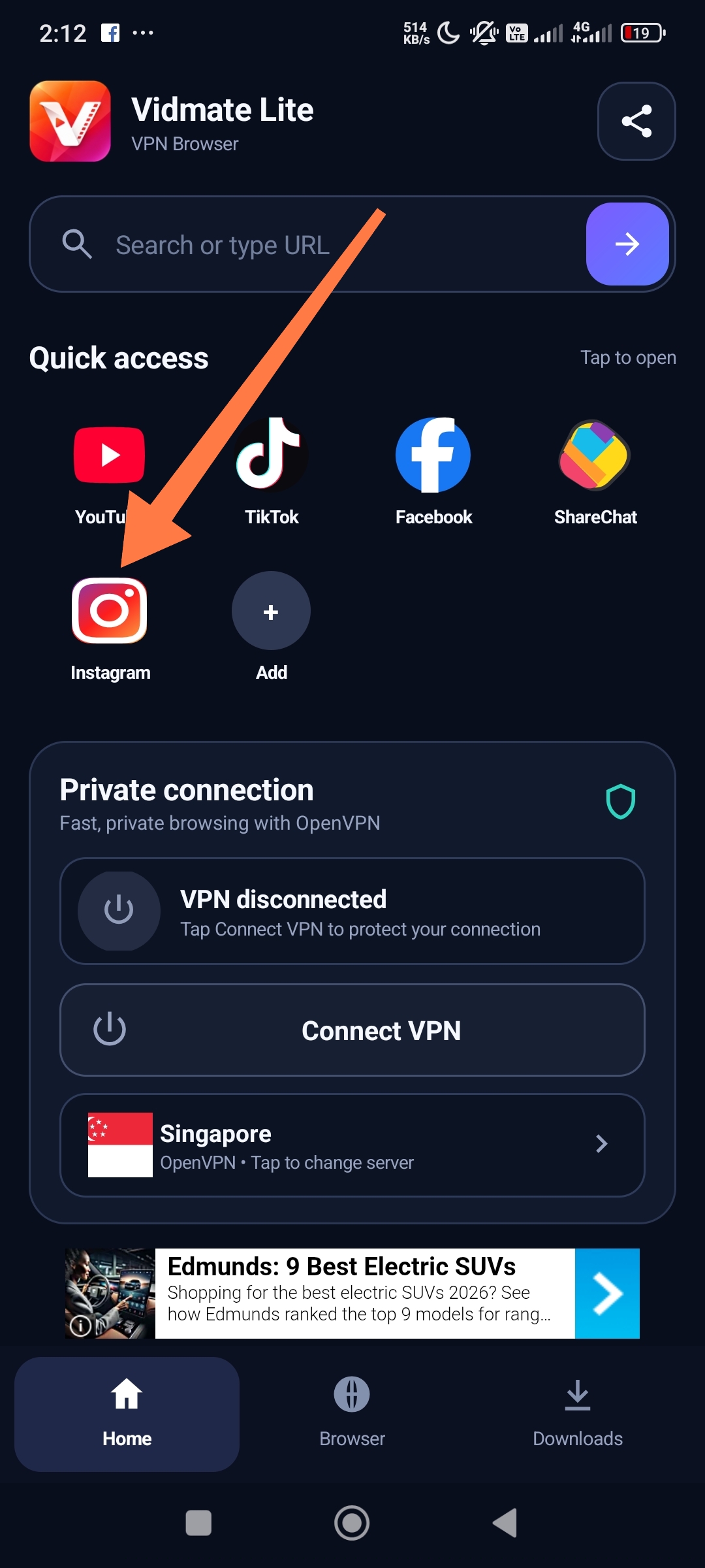 Instagram download workflow in Video Tube Lite screenshot 2