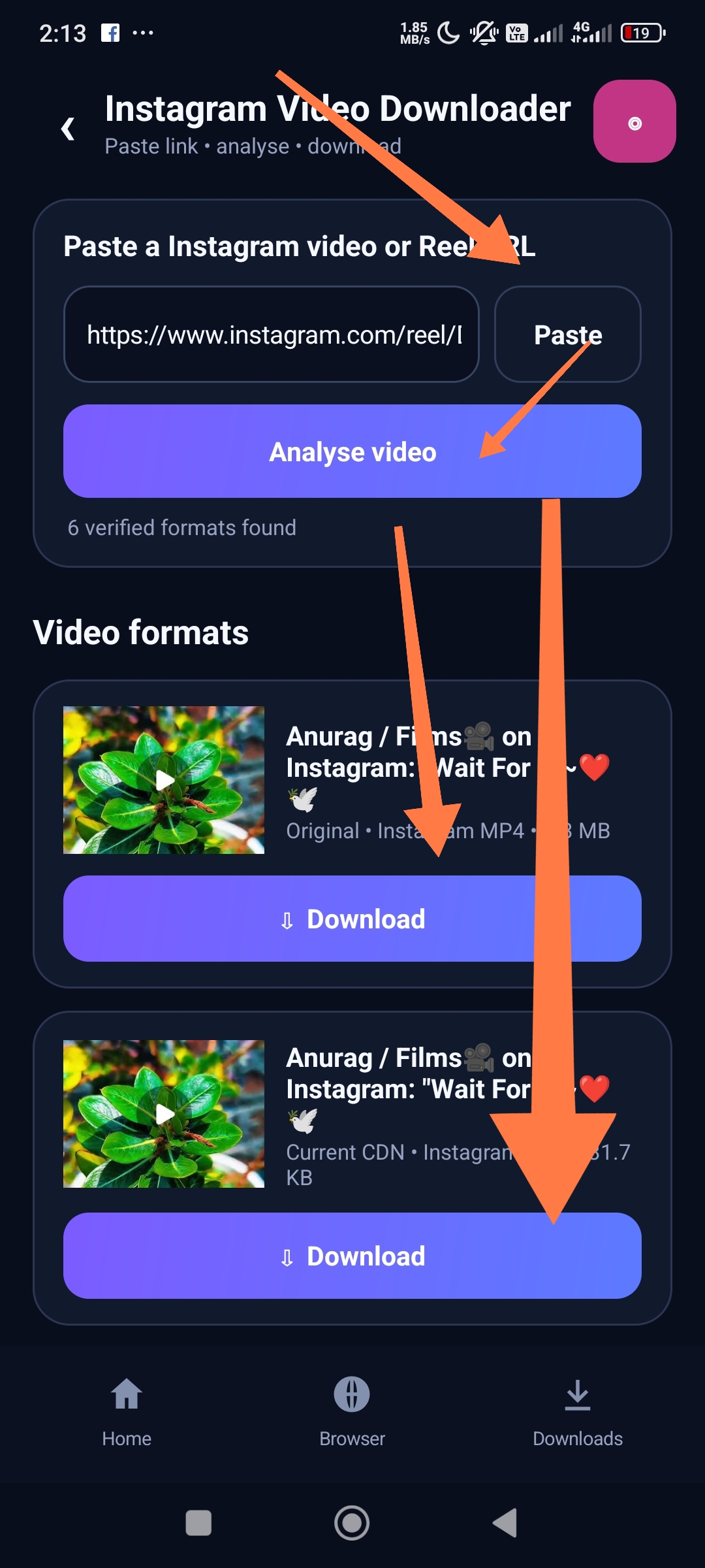 Instagram download workflow in Video Tube Lite screenshot 3